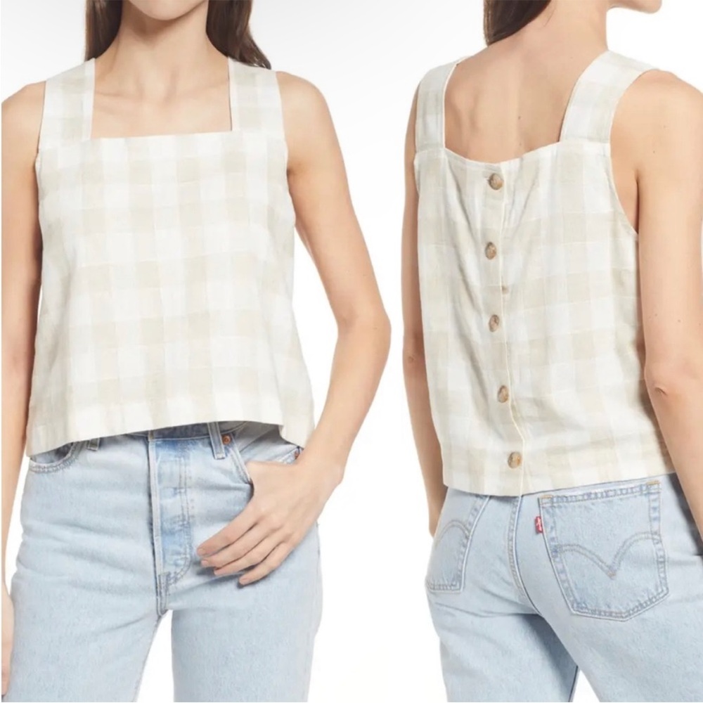 Madewell linen blend top tan and white plaid sz 10